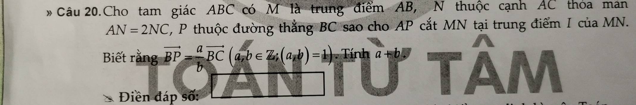 Câu 20.Cho tam giác ABC có M là trung điểm AB, N thuộc cạnh AC thoa mản
AN=2NC , P thuộc đường thẳng BC sao cho AP cắt MN tại trung điểm I của MN. 
Biết rằng vector BP= a/b vector BC(a,b∈ Z; (a,b)=1) Tính a+b. 
Điền đáp số: