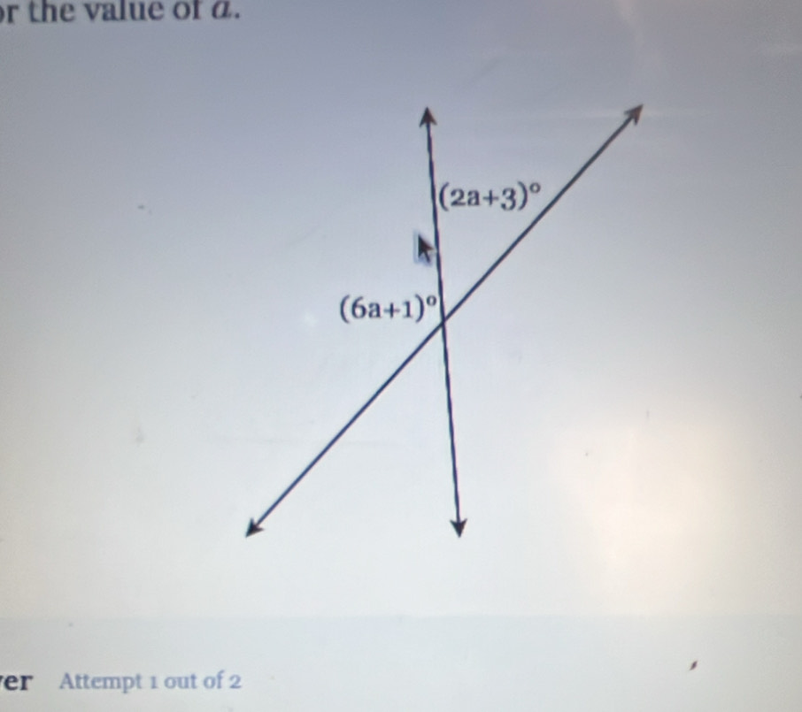 the value of a.
(2a+3)^circ 
(6a+1)^circ 
er Attempt 1 out of 2