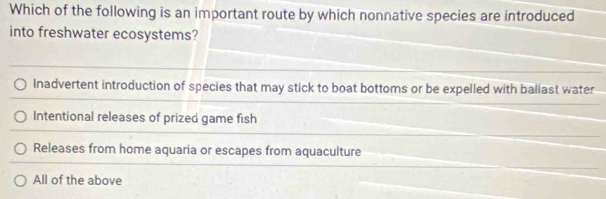 Which of the following is an important route by which nonnative species are introduced
into freshwater ecosystems?
Inadvertent introduction of species that may stick to boat bottoms or be expelled with baliast water
Intentional releases of prized game fish
Releases from home aquaria or escapes from aquaculture
All of the above