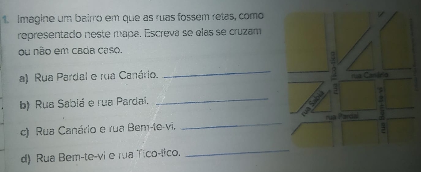 Imagine um bairro em que as ruas fossem retas, como 
representado neste mapa. Escreva se elas se cruzam 
ou não em cada caso. 
_ 
a) Rua Pardal e rua Canário. 
b) Rua Sabiá e rua Pardal. 
_ 
c) Rua Canário e rua Bem-te-vi. 
_ 
d) Rua Bem-te-vi e rua Tico-tico. 
_