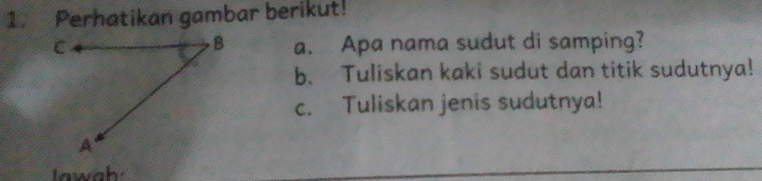 Perhatikan gambar berikut! 
a. Apa nama sudut di samping? 
b. Tuliskan kaki sudut dan titik sudutnya! 
c. Tuliskan jenis sudutnya! 
Iawah