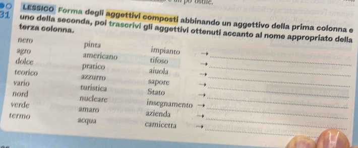 po osthe. 
● LESSICO Forma degli aggettivi composti abbinando un aggettivo della prima colonna e 
31 uno della seconda, poi trascrivi gli aggettivi ottenuti accanto al nome appropriato della 
terza colonna. 
nero pinta impianto 
agro americano tifoso_ 
doice pratico aiuola_ 
tcorico azzurro sapore_ 
vario turistica Stato_ 
nord nucleare insegnamento_ 
verde amaro azienda_ 
_ 
termo acqua camicetta_