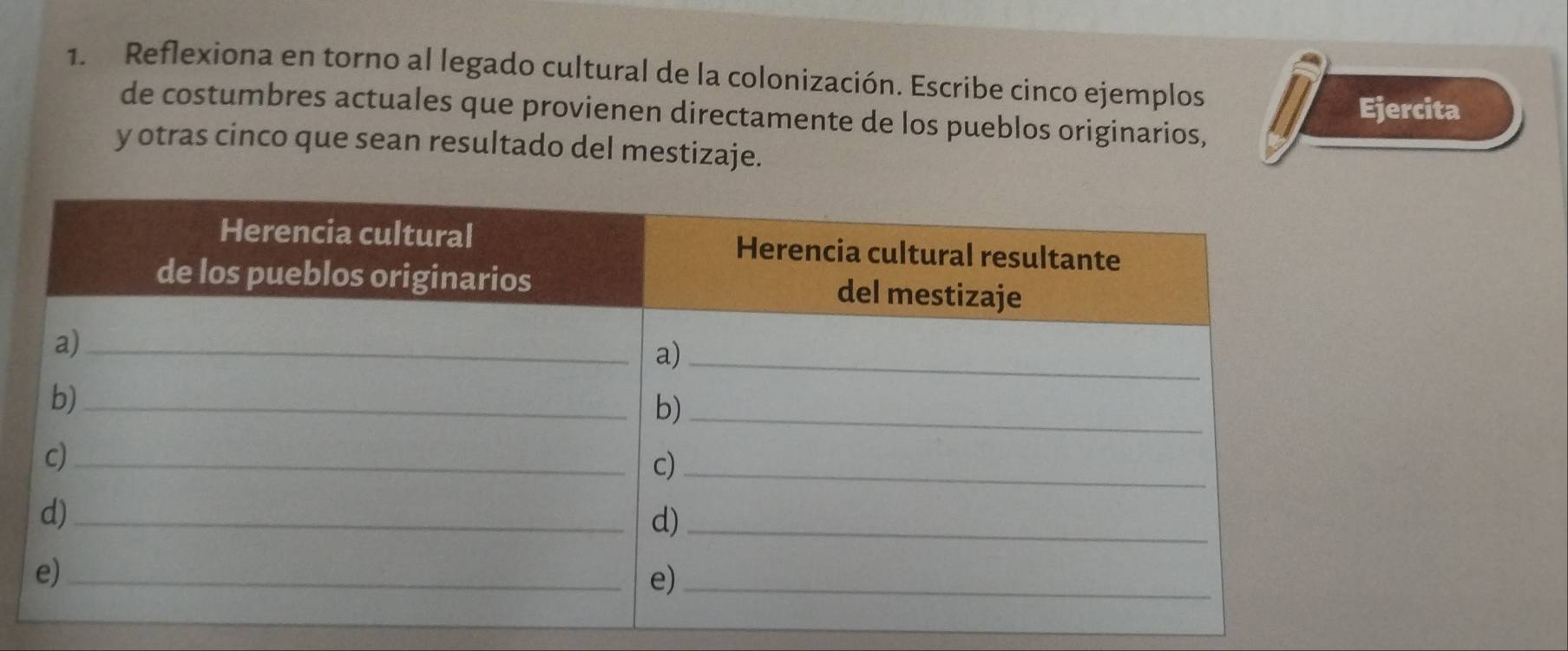 Reflexiona en torno al legado cultural de la colonización. Escribe cinco ejemplos 
Ejercita 
de costumbres actuales que provienen directamente de los pueblos originarios, 
y otras cinco que sean resultado del mestizaje.