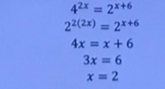 4^(2x)=2^(x+6)
2^(2(2x))=2^(x+6)
4x=x+6
3x=6
x=2