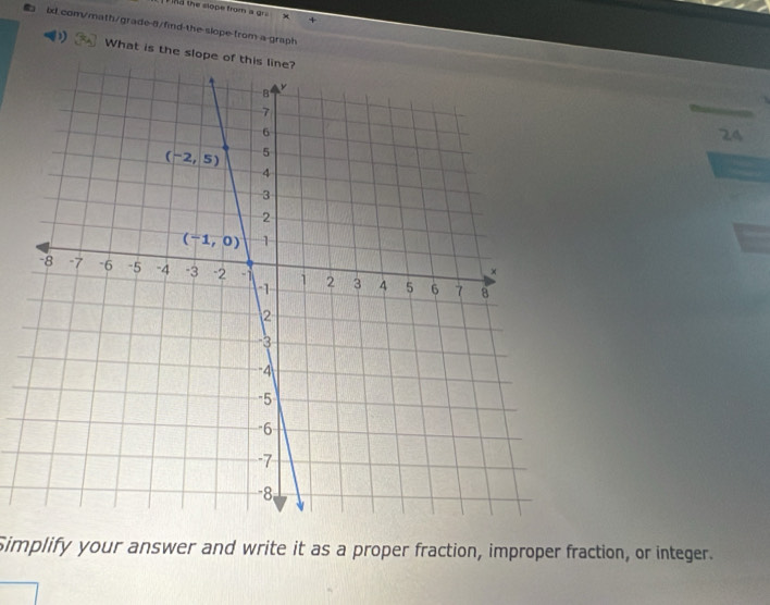 ind the slope from a gr. .
bd.com/math/grade-8/find-the-slope-from a-graph
D What is the slope of this line?
24
Simplify your answer and write it as a proper fraction, improper fraction, or integer.