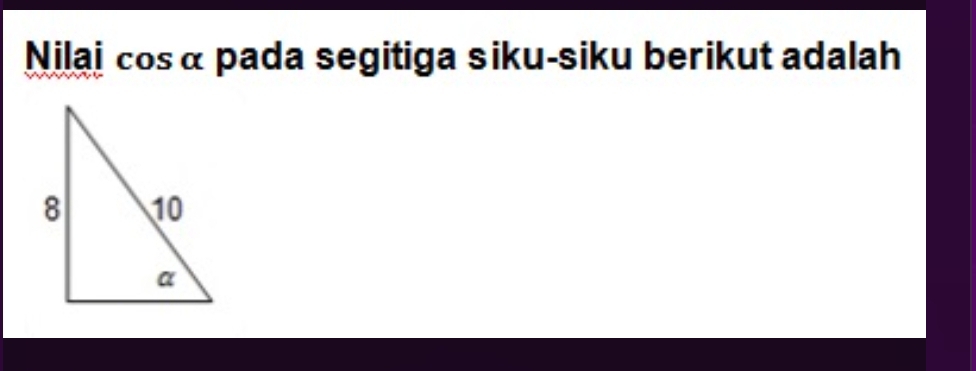 Nilaj cos α pada segitiga siku-siku berikut adalah