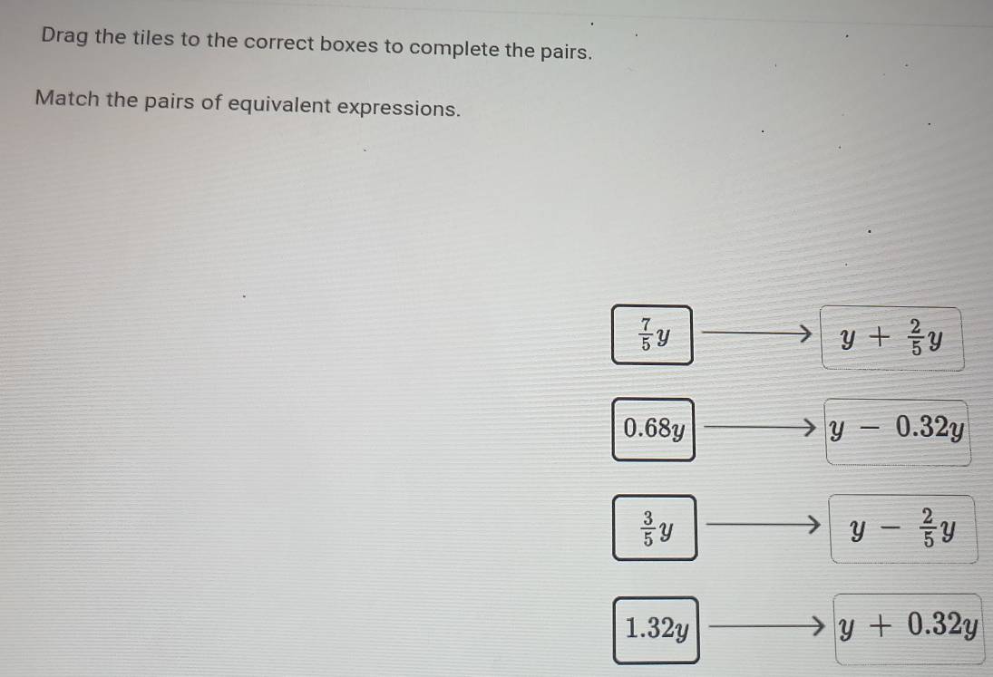 Drag the tiles to the correct boxes to complete the pairs.
Match the pairs of equivalent expressions.
 7/5 y
y+ 2/5 y
0.68y y-0.32y
 3/5 y
y- 2/5 y
1.32y y+0.32y