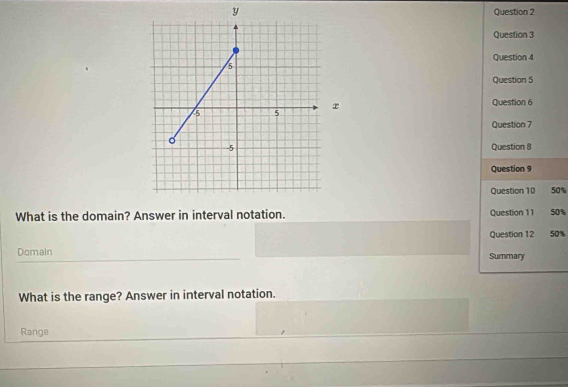 50% 
What is the domain? Answer in interval notation. Question 11 50% 
Question 12 50% 
Domain Summary 
What is the range? Answer in interval notation. 
Range