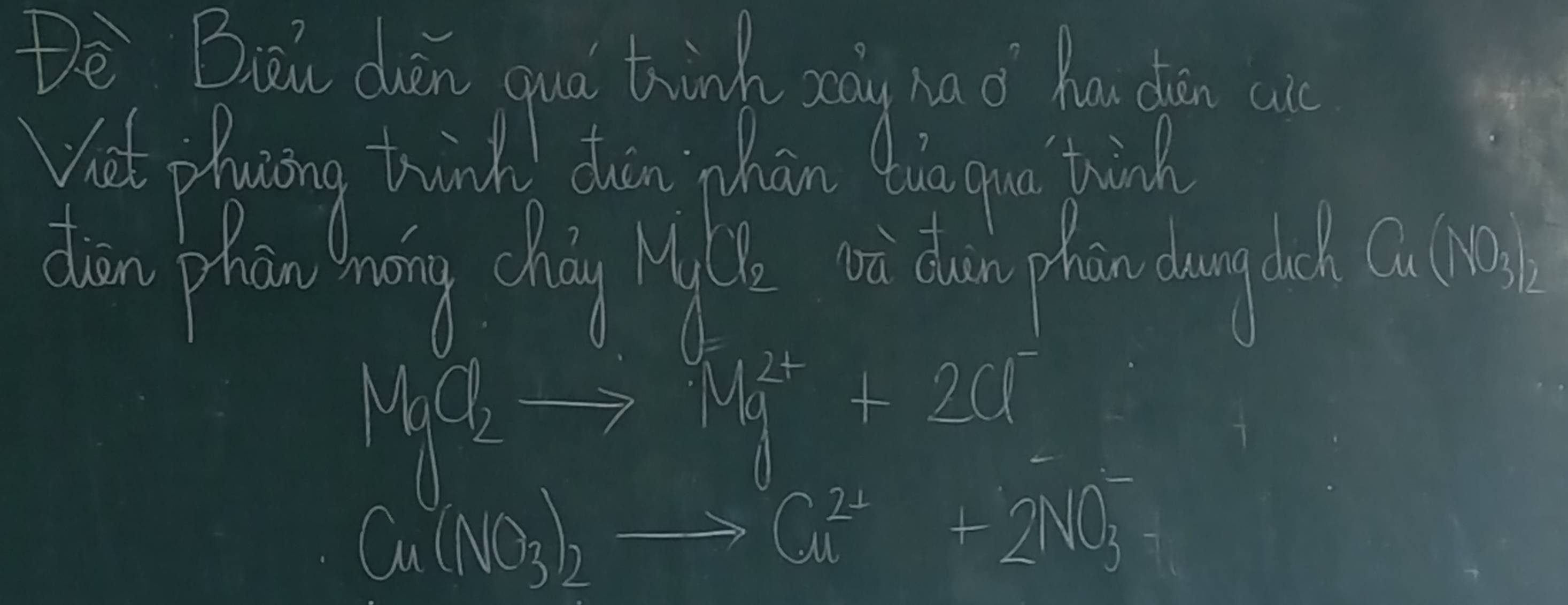 De Bou din guó thinh aōg had hu dàn a 
Vu phuāng thunch dān chān lia gua thinh 
dan piow háng chg 1 1 Cl_2 in duam phan doang bull a(NO_3)_2
MgO_2to Mg^(2+)+2Cl^-
Cu(NO_3)_2to Cu^(2+)+2NO_3