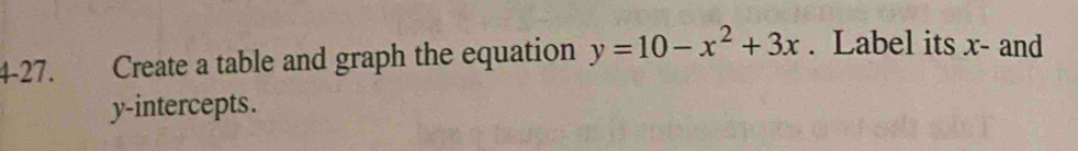 4-27. Create a table and graph the equation y=10-x^2+3x. Label its x - and 
y-intercepts.