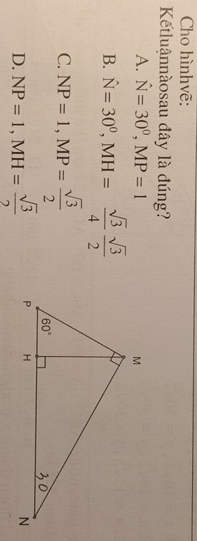 Cho hìnhvẽ:
Kếtluậnnàosau đây là đúng?
A. hat N=30^0,MP=1
B. N=30^0,MH= sqrt(3)/4  sqrt(3)/2 
C. NP=1,MP= sqrt(3)/2 
D. NP=1,MH= sqrt(3)/2 