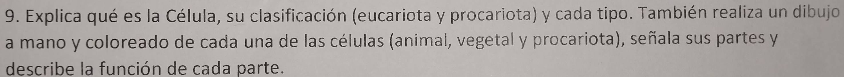 Explica qué es la Célula, su clasificación (eucariota y procariota) y cada tipo. También realiza un dibujo 
a mano y coloreado de cada una de las células (animal, vegetal y procariota), señala sus partes y 
describe la función de cada parte.