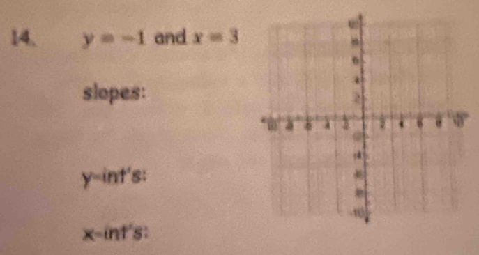 y=-1 and x=3
slopes:
y -int's:
x -int's: