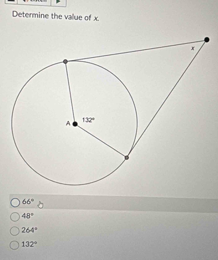 Determine the value of x.
66°
48°
264°
132°