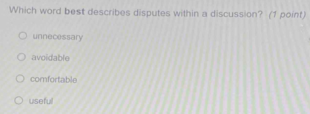 Which word best describes disputes within a discussion? (1 point)
unnecessary
avoidable
comfortable
useful