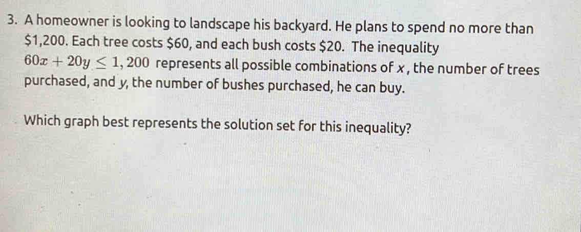 A homeowner is looking to landscape his backyard. He plans to spend no more than
$1,200. Each tree costs $60, and each bush costs $20. The inequality
60x+20y≤ 1,200 represents all possible combinations of x , the number of trees 
purchased, and y, the number of bushes purchased, he can buy. 
Which graph best represents the solution set for this inequality?