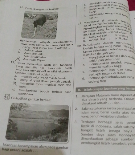 a meniadi sumber mata pençaña
16. Perhatikan gambar benkut! b. menjadi sumber irigasi peran
m elindn g  lahan p ertn 
banjir
d. membantu men gurangi ham  
tanian
19. Masyarakat di wilayah Degun
dap at  me  anfatkan la han  r 
gemb an  an  egiatan pertanin  
bertanian vang harus diterapkán
duduk di wilayah tersebut ada ah " <
d. polikultur
erdasarkan wilayah persebarannya,  b. monokultur B. tumpang sari c. terasering
hewan paɗa gambar termasuk jenis fauna
20. Kebudayaan daerah merupaka
yang dapat ditemukan di wilayah .  .  kayaan bangsa yang harus dilestak
a. Asiatis: Jawa
Upaya pelestarian kebudayaan
c.Asiatis; Sumatra b. Australis: Bali
dilakukan dengan cara . . .
a   menggunakan bahasa daerah 
Australis; Papuā
kehidupan sehari-hari
17. Rotan merupakan salah satu tanaman b. menggunakan produk impor .
yang memiliki nilai ekonomis. Salah memiliki kualitas tinggi
satu cara meningkatkan nilai ekonomis c. mempelajari lagu dan tarian
tanaman tersebut adalah . . . .
berbagaî negara di dunia
a menjual rotan yang masih basah d. mempelajari kebudayaan asing
b menjual rotan dalam jumlah banyak sedang tren
kursi mengolah rotan menjadi meja dan
B. Isilah dengan jawaban yang benar
d. memberikan pupuk terbaik saat
menanam
1. Kerajaan Mataram Kuno diperintal
18 Perhatikan gambar berikut! dua dinasti yang berbeda. Dinast
dimaksud adalah . . . dan . . . .
2. Salah satu karya sastra peninggala
Islam yang berisi cerita atau do
yang penuh keajaiban disebut . . .
3. Terdapat berbagai jenis pem!
listrik di Indonesia, salah satuny
bangkit listrik tenaga bayu
Sumber daya alam nonhayat
dimanfaatkan sebagai sumber
pembang it listrik tersebut, yait
anfaat kenampakan alam pada gambar
bagi petani adalah . .