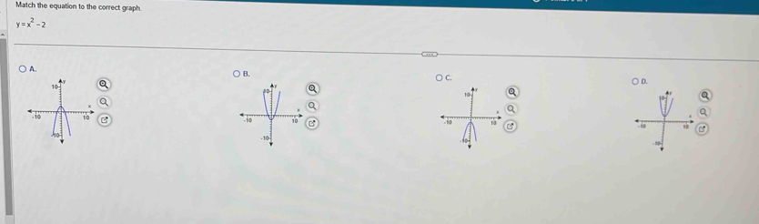 Match the equation to the correct graph
y=x^2-2
A. 
○ C. 
B. ○ D.