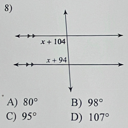 A) 80° B) 98°
C) 95° D) 107°