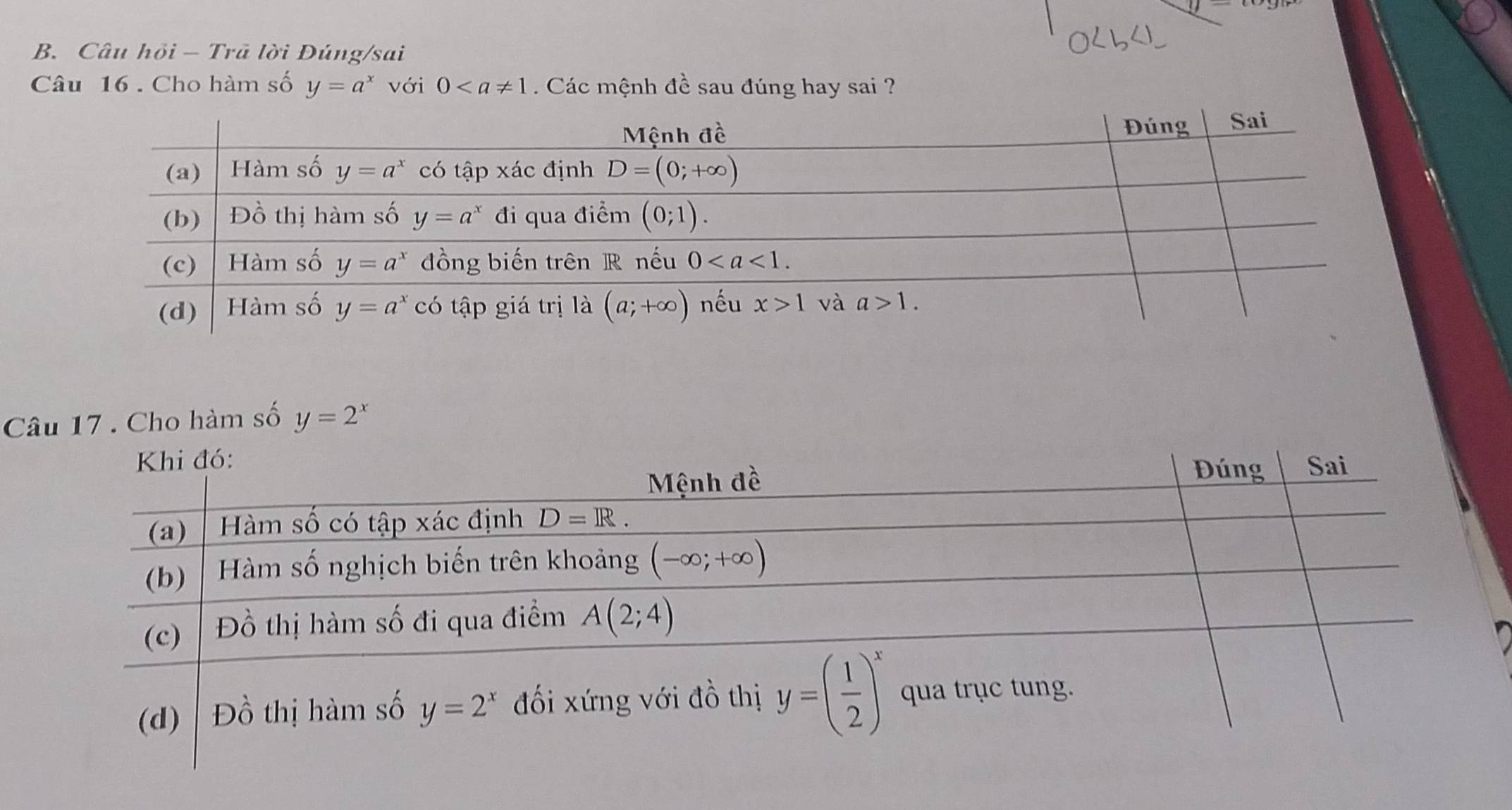 Câu hỏi - Trã lời Đúng/sai
Câu 16 . Cho hàm số y=a^x với 0. Các mệnh đề sau đúng hay sai ?
Câu 17 . Cho hàm số y=2^x