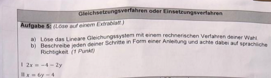 Gleichsetzungsverfahren oder Einsetzungsverfahren
Aufgabe 5: (Löse auf einem Extrablatt.)
a) Löse das Lineare Gleichungssystem mit einem rechnerischen Verfahren deiner Wahl
b) Beschreibe jeden deiner Schritte in Form einer Anleitung und achte dabei auf sprachliche
Richtigkeit. (1 Punkt)
| 2x=-4-2y
x=6y-4