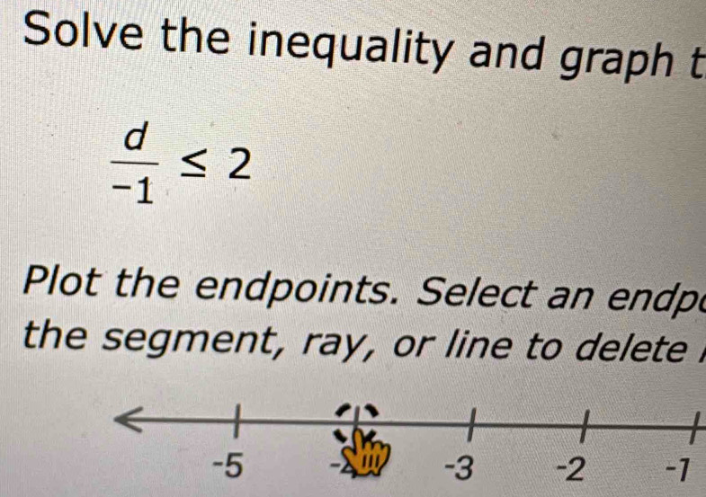 Solve the inequality and graph t
 d/-1 ≤ 2
Plot the endpoints. Select an endp 
the segment, ray, or line to delete