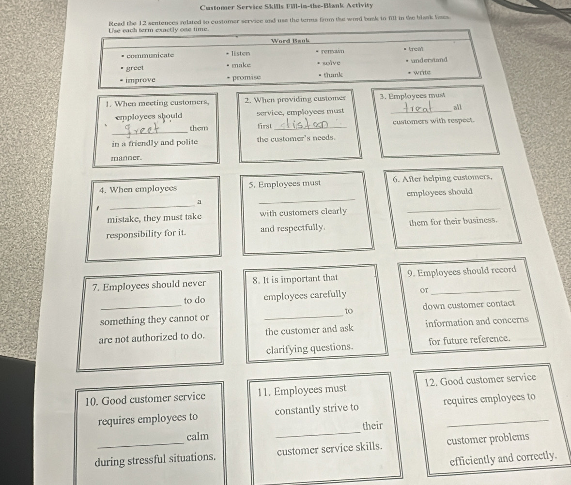 Customer Service Skills Fill-in-the-Blank Activity 
Read the 12 sentences related to customer service and use the terms from the word bank to fill in the blank lises 
Use each term exactly one time. 
Word Bank 
communicate listen remain treat 
greet make solve understand 
improve promise thank write 
1. When meeting customers, 2. When providing customer 3. Employces must 
employees should service, employees must_ 
all 
_ 
them first _customers with respect. 
in a friendly and polite the customer's needs. 
manner. 
4. When employees 5. Employees must 6. After helping customers, 
__employees should 
a 
mistake, they must take with customers clearly 
responsibility for it. and respectfully. them for their business. 
7. Employees should never 8. It is important that 9. Employees should record 
to do employees carefully or 
something they cannot or _to down customer contact 
are not authorized to do. the customer and ask information and concerns 
clarifying questions. for future reference. 
10. Good customer service 11. Employees must 12. Good customer service 
requires employees to constantly strive to requires employees to 
calm _their 
during stressful situations. customer service skills. customer problems 
efficiently and correctly.