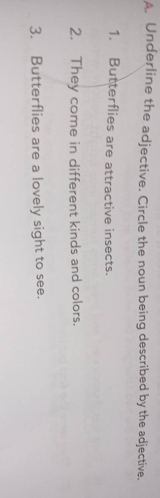 Underline the adjective. Circle the noun being described by the adjective. 
1. Butterflies are attractive insects. 
2. They come in different kinds and colors. 
3. Butterflies are a lovely sight to see.