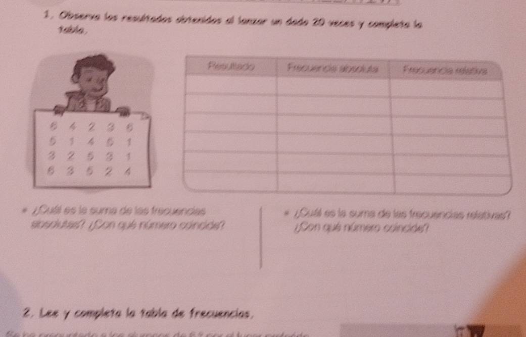 Olbserva los resultados detenidos al lanzar un dado 20 veces y completa la 
tabla . 
B 2 3 B
5 1 4. 1
3 2 5 3 1
8 3 5 2 4
Cuál es la suma de las frecuencias Cuál es la suma de las frecuencias relativas? 
absolutas? ¿Con qué número coincide? ¿Con qué número coincide? 
2. Lee y completa la tabla de frecuencias.