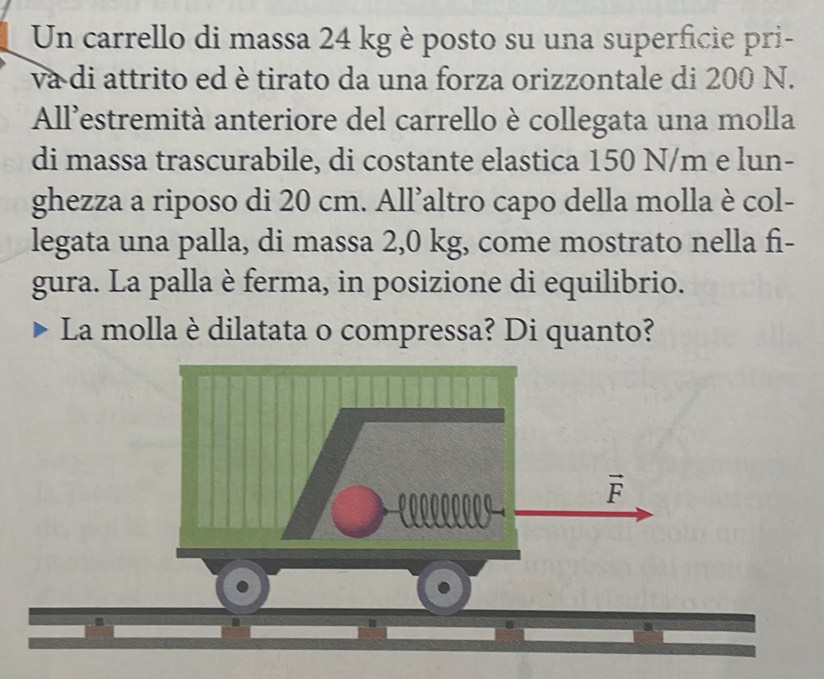 Un carrello di massa 24 kg è posto su una superficie pri- 
và di attrito ed è tirato da una forza orizzontale di 200 N. 
All'estremità anteriore del carrello è collegata una molla 
di massa trascurabile, di costante elastica 150 N/m e lun- 
ghezza a riposo di 20 cm. All’altro capo della molla è col- 
legata una palla, di massa 2,0 kg, come mostrato nella fi- 
gura. La palla è ferma, in posizione di equilibrio. 
La molla è dilatata o compressa? Di quanto?
vector F