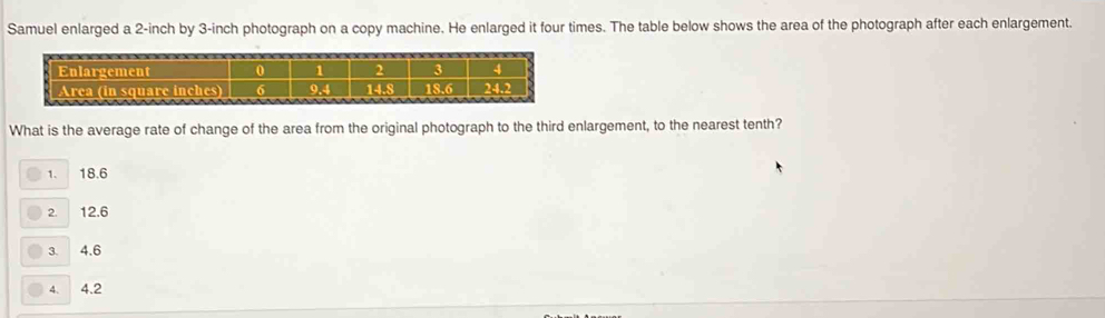 Samuel enlarged a 2-inch by 3-inch photograph on a copy machine. He enlarged it four times. The table below shows the area of the photograph after each enlargement.
Enlargement 0 1 2 3 4
Area (in square inches) 6 9.4 14.8 18.6 24.2
What is the average rate of change of the area from the original photograph to the third enlargement, to the nearest tenth?
18.6
2. 12.6
3. 4.6
4. 4.2