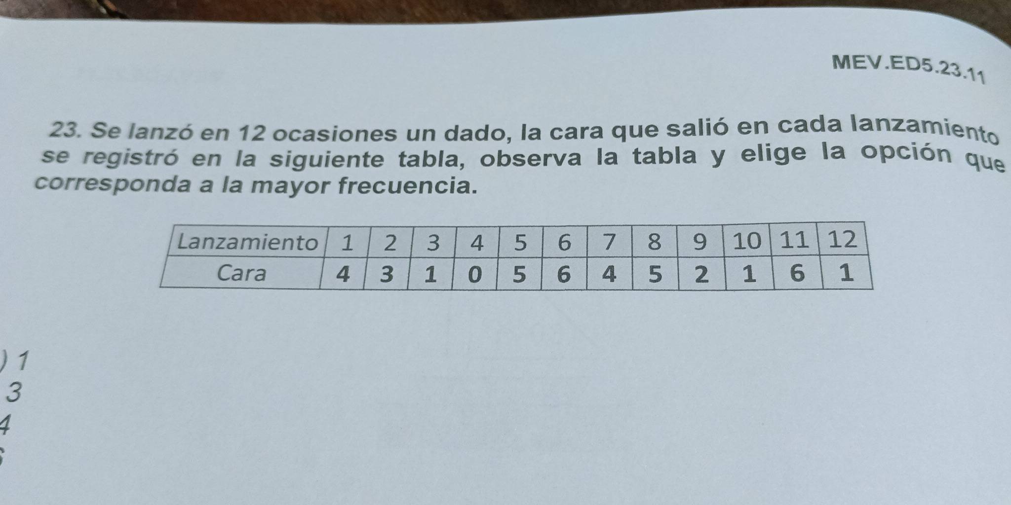 MEV.ED5.23.11
23. Se lanzó en 12 ocasiones un dado, la cara que salió en cada lanzamiento
se registró en la siguiente tabla, observa la tabla y elige la opción que
corresponda a la mayor frecuencia.
) 1
3
4