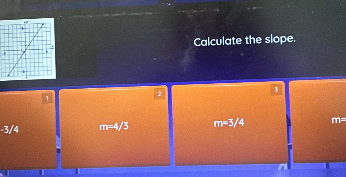 Calculate the slope.
-5
3
1
2
m=3/4
m=
-3/4
m=4/3