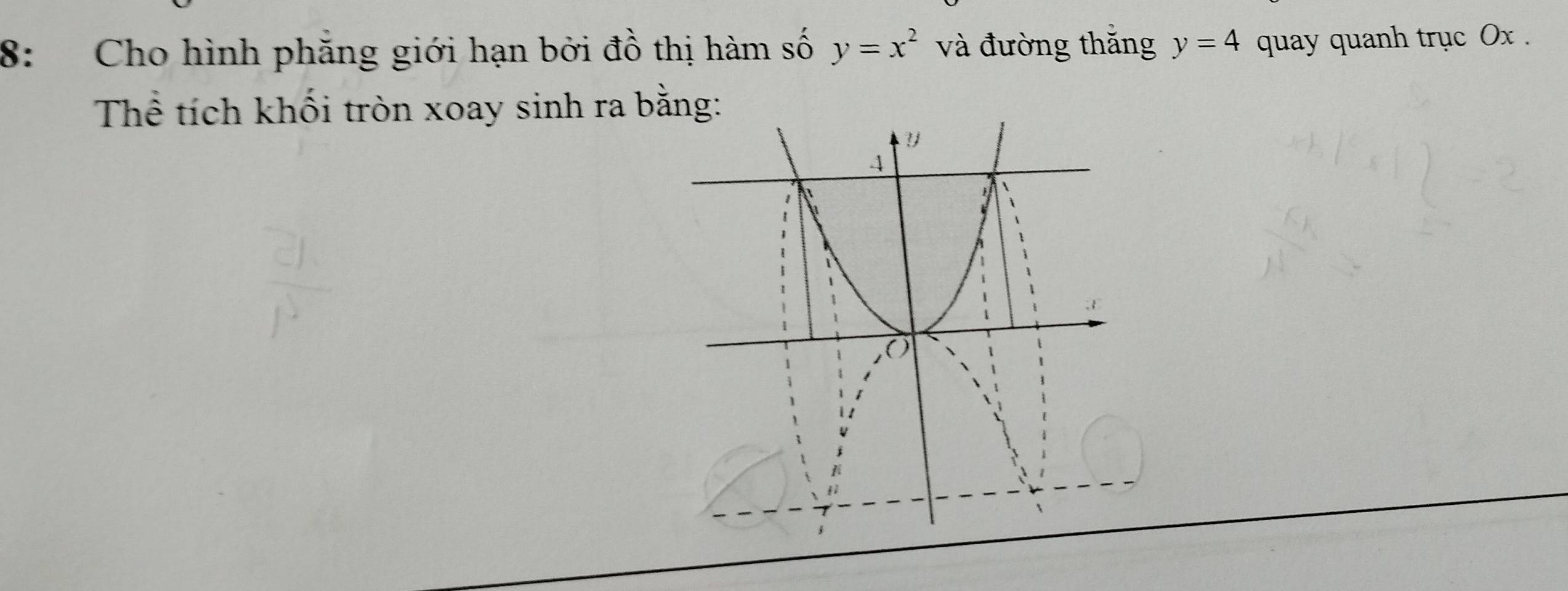 8: Cho hình phẳng giới hạn bởi đồ thị hàm số y=x^2 và đường thắng y=4 quay quanh trục Ox. 
Thể tích khối tròn xoay sinh ra bằng: