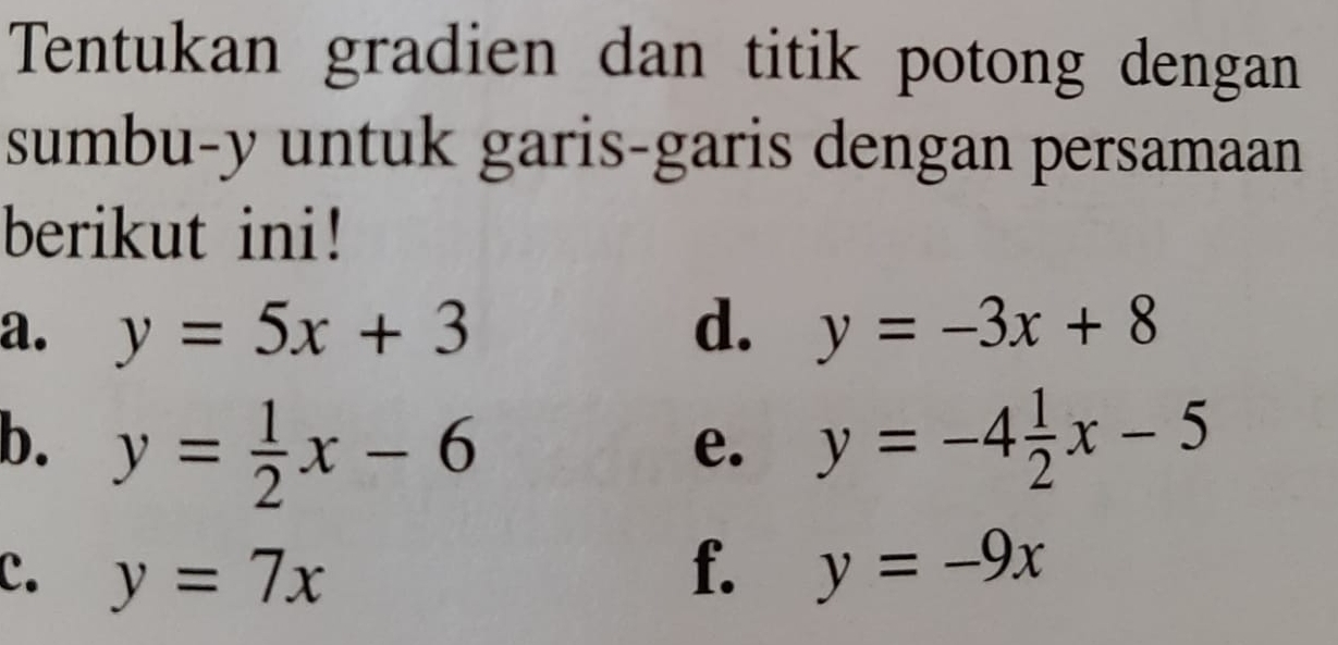 Tentukan gradien dan titik potong dengan 
sumbu- y untuk garis-garis dengan persamaan 
berikut ini! 
a. y=5x+3 d. y=-3x+8
b. y= 1/2 x-6 y=-4 1/2 x-5
e. 
c. y=7x f. y=-9x