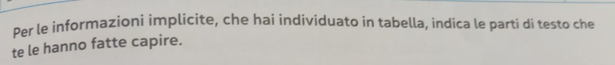 Per le informazioni implicite, che hai individuato in tabella, indica le parti di testo che 
te le hanno fatte capire.