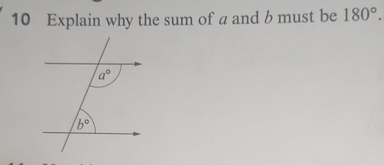 Explain why the sum of a and b must be 180°.