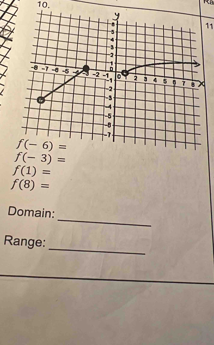 Ra
11
f(-3)=
f(1)=
f(8)=
_
Domain:
_
Range: