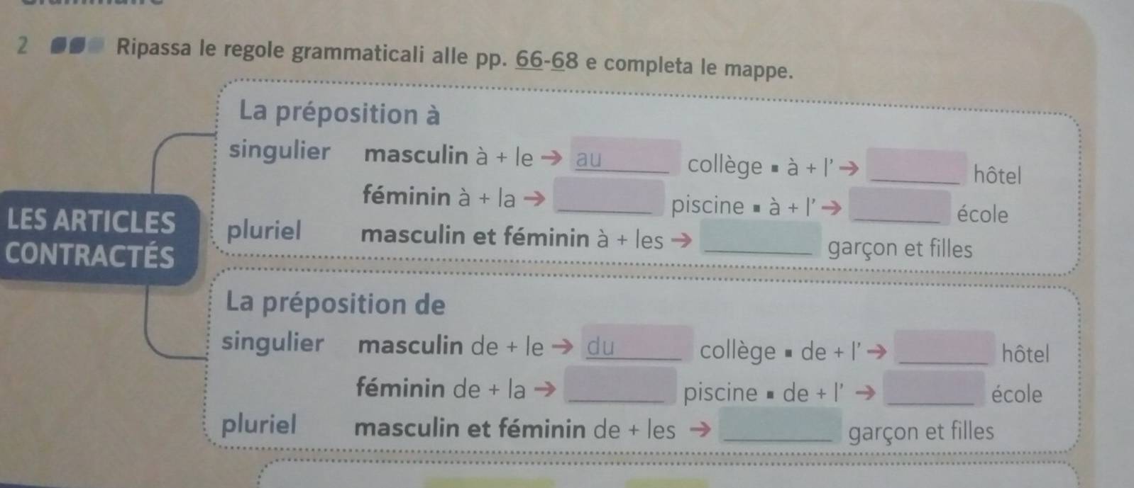 Ripassa le regole grammaticali alle pp. 66-68 e completa le mappe. 
La préposition à 
singulier masculin à + le au collège ' à + l' 
_hôtel 
féminin à + la 
piscine à + l'_ 
école 
LES ARTICLES pluriel masculin et féminin à + les 
CONTRACTÉS _garçon et filles 
La préposition de 
singulier masculin de + le du _collège # de + l' _hôtel 
féminin de + la _piscine # de + l' _école 
pluriel masculin et féminin de + les _garçon et filles