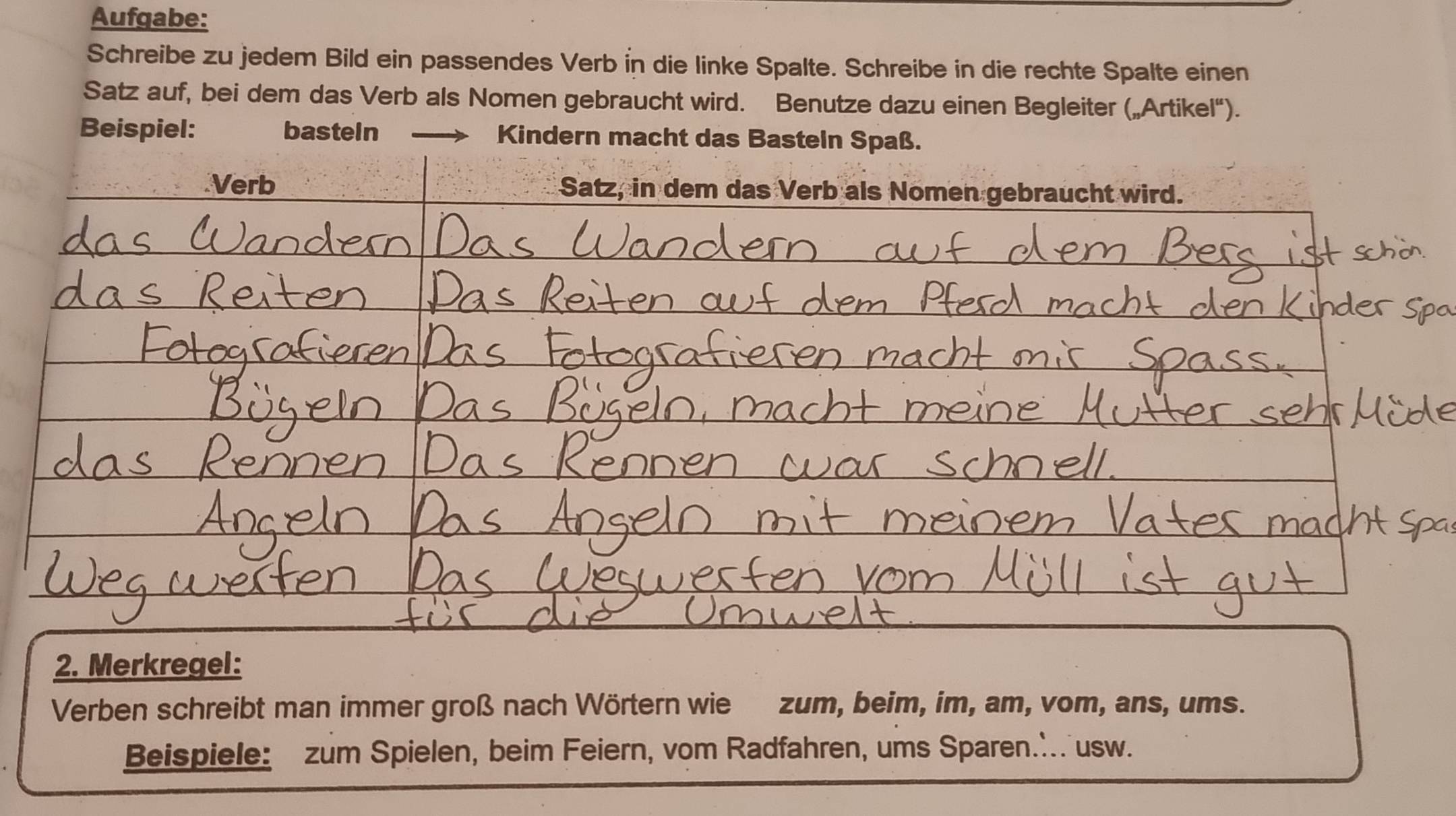 Aufgabe: 
Schreibe zu jedem Bild ein passendes Verb in die linke Spalte. Schreibe in die rechte Spalte einen 
Satz auf, bei dem das Verb als Nomen gebraucht wird. Benutze dazu einen Begleiter („Artikel“). 
Beispiel: bastein Kindern macht das Basteln Spaß. 
Verb Satz, in dem das Verb als Nomen gebraucht wird. 
2. Merkregel: 
Verben schreibt man immer groß nach Wörtern wie zum, beim, im, am, vom, ans, ums. 
Beispiele: zum Spielen, beim Feiern, vom Radfahren, ums Sparen. usw.