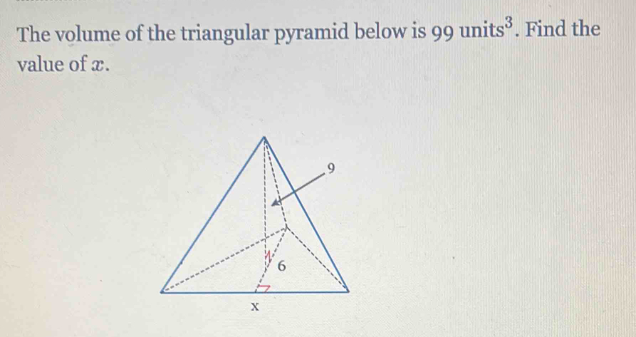 The volume of the triangular pyramid below is y units^3. Find the 
value of x.