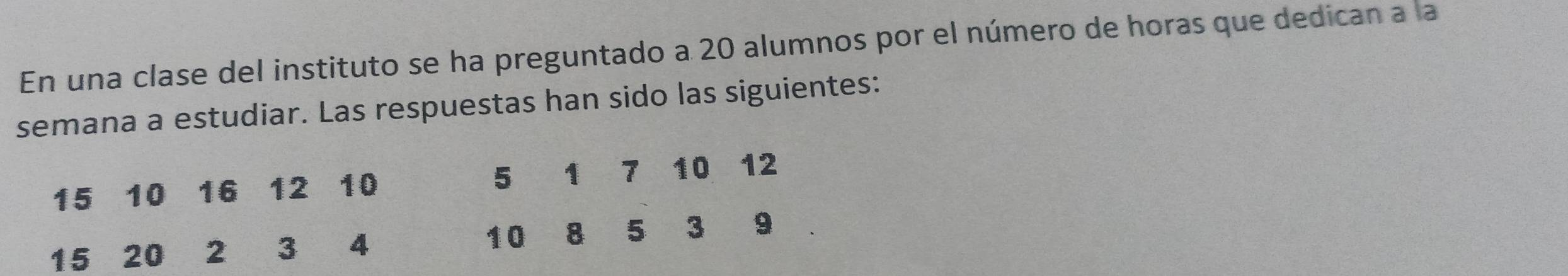 En una clase del instituto se ha preguntado a 20 alumnos por el número de horas que dedican a la 
semana a estudiar. Las respuestas han sido las siguientes:
15 10 16 12 10 5 1 7 10 12
10
15 20 2 3 4 8 5 3 9