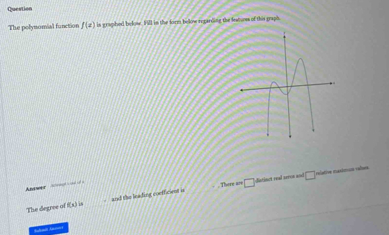 Question 
The polynomial function f(x) is graphed below. Fill in the form below regarding the features of this graph. 
Answer 
. There are □ distinct real zeros and □ relative maximum values. 
The degree of f(x) is and the leading coefficient is 
Sulmit Anower