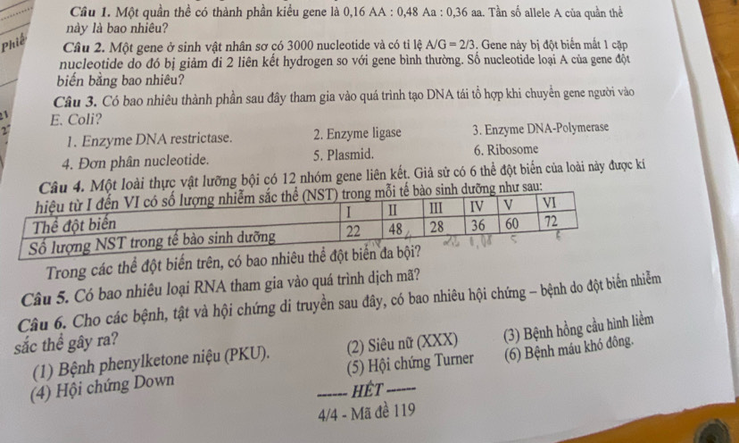 Cầu 1. Một quần thể có thành phần kiểu gene là 0, 16 AA : 0, 48 Aa : 0, 36 aa. Tần số allele A của quần thể
này là bao nhiêu?
Phiế
Câu 2. Một gene ở sinh vật nhân sơ có 3000 nucleotide và có tỉ lệ A/G=2/3. Gene này bị đột biến mắt 1 cặp
nucleotide do đó bị giảm đi 2 liên kết hydrogen so với gene bình thường. Số nucleotide loại A của gene đột
_
biến bằng bao nhiêu?
Câu 3. Có bao nhiêu thành phần sau đây tham gia vào quá trình tạo DNA tái tổ hợp khi chuyển gene người vào
2 E. Coli?
1. Enzyme DNA restrictase. 2. Enzyme ligase 3. Enzyme DNA-Polymerase
4. Đơn phân nucleotide. 5. Plasmid. 6. Ribosome
Câu 4. Một loài thực vật lưỡng bội có 12 nhóm gene liên kết. Giả sử có 6 thể đột biển của loài này được kí
như sau:
Trong các thể đột biến trên, có bao nhiêu th
Câu 5. Có bao nhiêu loại RNA tham gia vào quá trình dịch mã?
Câu 6. Cho các bệnh, tật và hội chứng di truyền sau đây, có bao nhiêu hội chứng - bệnh do đột biến nhiễm
sắc thể gây ra?
(6) Bệnh máu khó đông.
(1) Bệnh phenylketone niệu (PKU). (2) Siêu nữ (XXX)
(4) Hội chứng Down _(5) Hội chứng Turner (3) Bệnh hồng cầu hình liềm
Hêt
4/4 - Mã đề 119