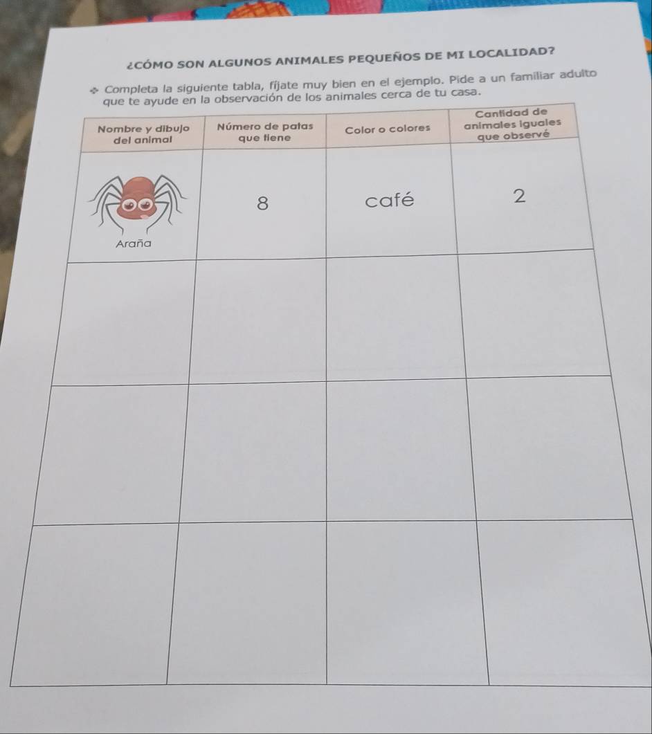 ¿CÓMO SON ALGUNOS ANIMALES PEQUEÑOS DE MI LOCALIDAD? 
la, fíjate muy bien en el ejemplo. Pide a un familiar adulto