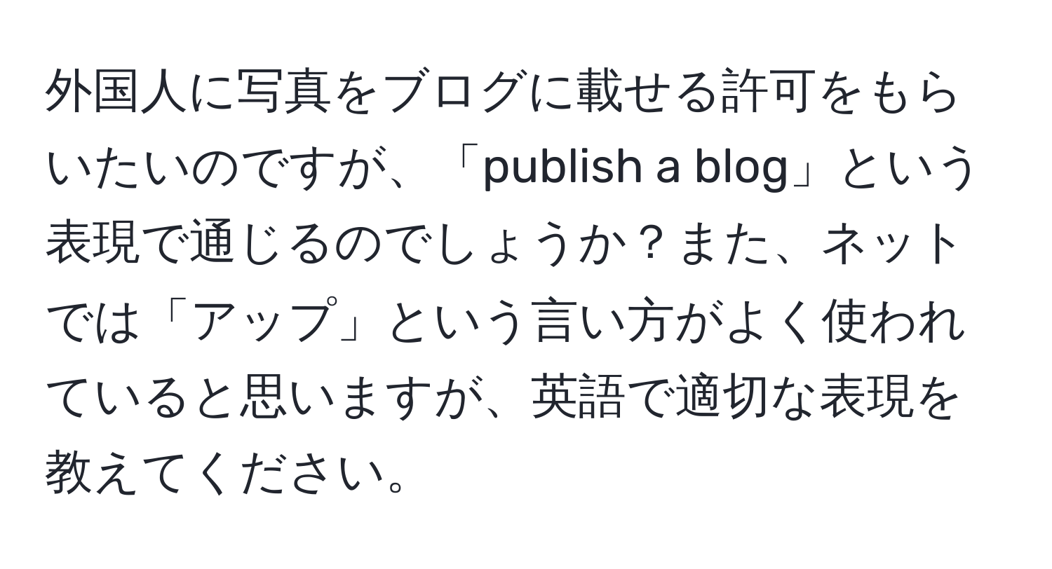 外国人に写真をブログに載せる許可をもらいたいのですが、「publish a blog」という表現で通じるのでしょうか？また、ネットでは「アップ」という言い方がよく使われていると思いますが、英語で適切な表現を教えてください。