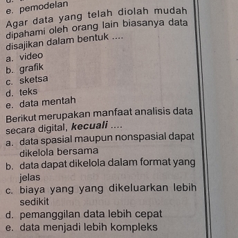 e. pemodelan
Agar data yang telah diolah mudah
dipahami oleh orang lain biasanya data
disajikan dalam bentuk ....
a. video
b. grafik
c. sketsa
d. teks
e. data mentah
Berikut merupakan manfaat analisis data
secara digital, kecuali ....
a. data spasial maupun nonspasial dapat
dikelola bersama
b. data dapat dikelola dalam format yang
jelas
c. biaya yang yang dikeluarkan lebih
sedikit
d. pemanggilan data lebih cepat
e. data menjadi lebih kompleks