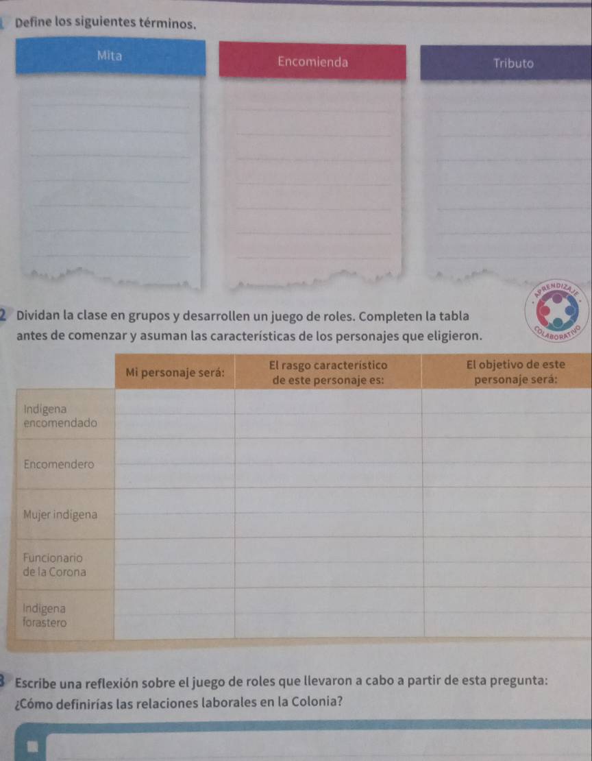 Define los siguientes términos. 
Encomienda Tributo 
_ 
_ 
_ 
_ 
__ 
__ 
__ 
_ 
_ 
__ 
PRENDIZ 
2 Dividan la clase en grupos y desarrollen un juego de roles. Completen la tabla 
antes de comenzar y asuman las características de los personajes que eligieron. COLABORATING 
Escribe una reflexión sobre el juego de roles que llevaron a cabo a partir de esta pregunta: 
¿Cómo definirías las relaciones laborales en la Colonia?