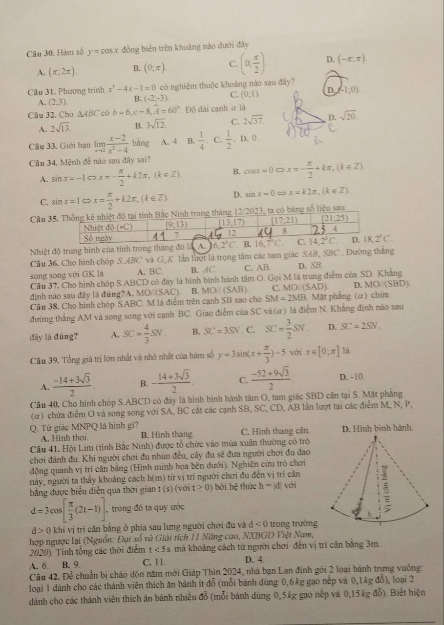 Hàm số y=cos x đồng biến trên khoảng nào dưới đây
A. (π ,2π ).
B. (0;π ).
C. (0, π /2 ).
D. (-π ,π ).
Câu 31, Phương trình x^5-4x-1=0 có nghiệm thuộc khoảng nào sau đây?
C. (0;1).
D. -1;0)
A. (2;3).
B. (-2;-3).
Câu 32. Cho △ ABC có b=6,c=8,widehat A=60° Độ dài cạnh ở là
A. 2sqrt(13).
B. 3sqrt(12).
C. 2sqrt(37).
D. sqrt(20).
Câu 33. Giới hạn limlimits _xto 2 (x-2)/x^2-4  bàng A. 4. B.  1/4 . C.  1/2 .D.0.
Câu 34. Mệnh đề nảo sau đây sai?
A. sin x=-1Leftrightarrow x=- π /2 +k2π ,(k∈ Z). B. cos x=0Leftrightarrow x=- π /2 +kπ ,(k∈ Z).
C. sin x=1Leftrightarrow x= π /2 +k2π ,(k∈ Z).
D. sin x=0 x=k2π ,(k∈ Z)
Câu 35. Thống kê nhiệt độ tại tỉnh Bắc Ninh trong tháng 12/2023, ta có băng số liệu sau:
Nhiệt độ (^circ C) [9;13) (13;17) [17,21) [21,25)
Số ngày
7
8
Nhiệt độ trung bình của tỉnh trong tháng đó là A. 6,2°C. B. 16,7°C. C. 14,2°C D. 18,2°C.
Câu 36. Cho hình chóp S.ABC và G, K lần lượt là trọng tâm các tam giác SAB, SBC . Đường thẳng
song song với GK là A. BC. B. AC. C. AB D. SB.
Câu 37, Cho hình chóp S.ABCD có đây là hình bình hành tâm O. Gọi M là trung điểm của SD. Khẳng
định nào sau đây là đủng?A. MO//(SAC). B. MO//(SAB). C. MO//(SAD). D. MO//(SBD).
Câu 38. Cho hình chóp S.ABC C. M là điểm trên cạnh SB sao cho SM=2MB Mặt phẳng (α) chứa
đường thẳng AM và song song với cạnh BC. Giao điểm của SC và(α) là điểm N. Khẳng định nào sau
đây là đúng? A. SC= 4/3 SN. B. SC=3SN. C. SC= 3/2 SN. D. SC=2SN.
Câu 39. Tổng giá trị lớn nhất và nhỏ nhất của hàm số y=3sin (x+ π /3 )-5 với x∈ [0,π ] là
A.  (-14+3sqrt(3))/2 . B. - (14+3sqrt(3))/2 . C.  (-52+9sqrt(3))/2 . D. -10.
Câu 40, Cho hình chóp S.ABCD có đáy là hình bình hành tâm O, tam giác SBD cân tại S. Mặt phẳng
(α) chứa điểm O và song song với SA, BC cắt các cạnh SB, SC, CD, AB lần lượt tại các điểm M, N, P,
Q. Tứ giác MNPQ là hình gì?
A. Hình thoi B. Hình thang. C. Hình thang cân. D. Hình bình hành.
Câu 41. Hội Lim (tỉnh Bắc Ninh) được tổ chức vào mùa xuân thường có trò
chơi đánh đu. Khi người chơi đu nhún đều, cây đu sẽ đưa người chơi đu đao
động quanh vị trí cân bằng (Hình minh họa bên dưới). Nghiên cứu trò chơi
nảy, người ta thầy khoảng cách h(m) từ vị trí người chơi đu đến vị trí cân
bằng được biểu diễn qua thời gian t (s) (với t≥ 0) bởi he thức h=|d| với
d=3cos [ π /3 (2t-1)], , trong đó ta quy ước
d>0 khí vị trí cân bằng ở phía sau lưng người chơi đu và d<0</tex>  trong trường
hợp ngược lại (Nguồn: Đại số và Giải tích 11 Nâng cao, NXBGD Việt Nam,
2020). Tính tổng các thời điểm t<5s</tex> mả khoảng cách từ người chơi đến vị trí cân bằng 3m.
A. 6. B. 9. C. 11. D. 4.
Câu 42. Để chuẩn bị chào đón năm mới Giáp Thìn 2024, nhà bạn Lan định gói 2 loại bánh trưng vuông:
loại 1 dành cho các thành viên thích ăn bánh ít đỗ (mỗi bánh dùng 0,6kg gạo nếp và 0,1kg đỗ), loại 2
dành cho các thành viên thích ăn bánh nhiều đỗ (mỗi bánh dùng 0,5kg gạo nếp và 0,15kg đỗ). Biết hiện