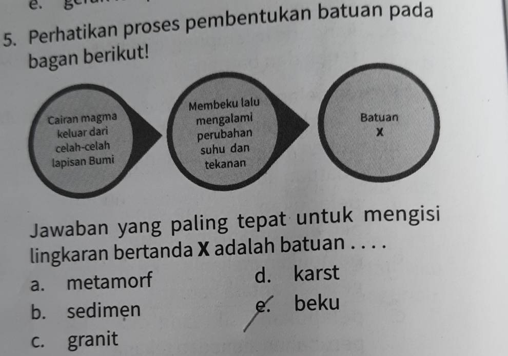 e. gC
5. Perhatikan proses pembentukan batuan pada
berikut!
Jawaban yang paling tepat untuk mengisi
lingkaran bertanda X adalah batuan . . . .
a. metamorf d. karst
b. sedimen e beku
c. granit